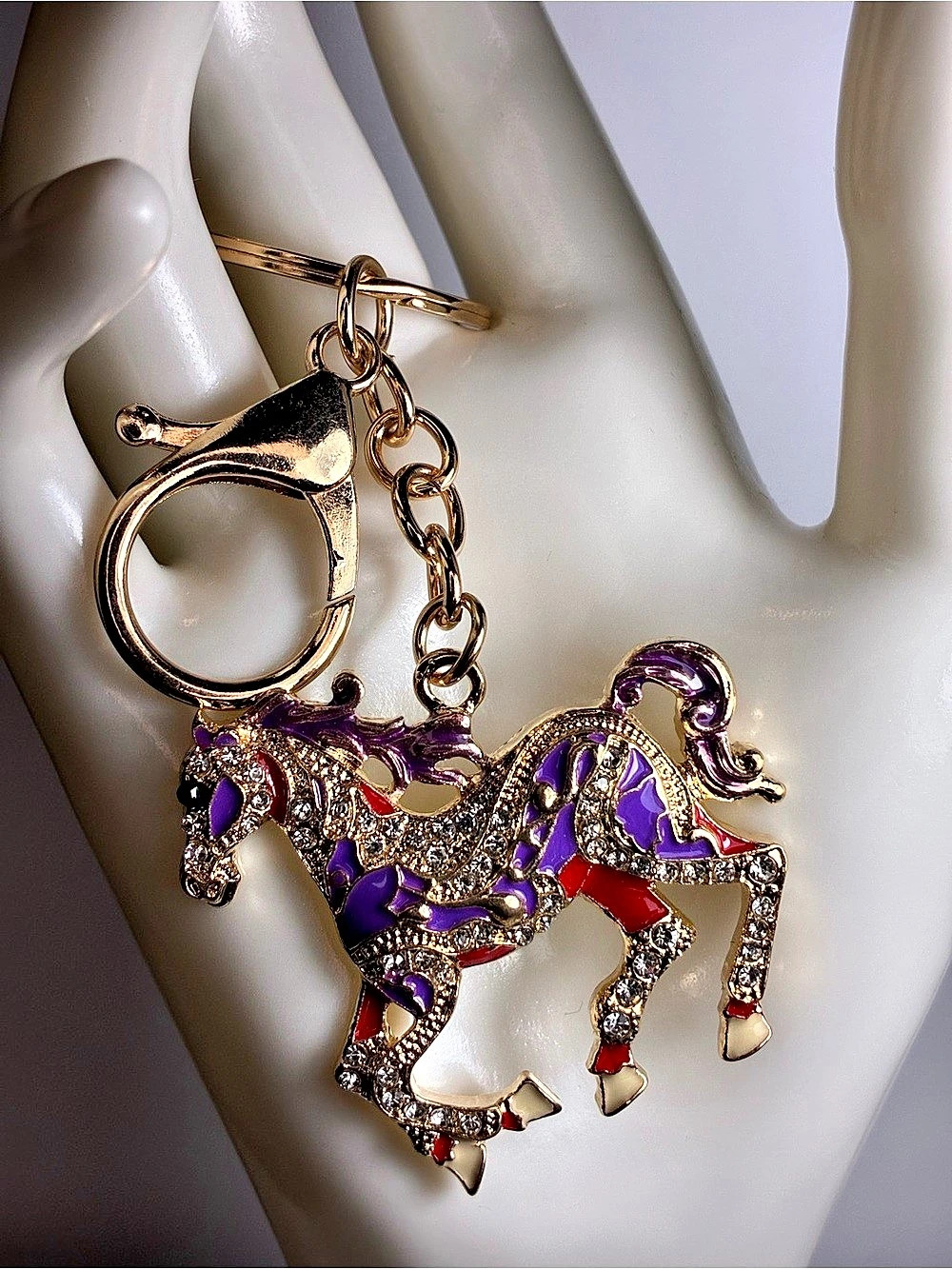Horse Charm Rhinestone Keychain Bag Charm in Gold & Purple New Without Tags